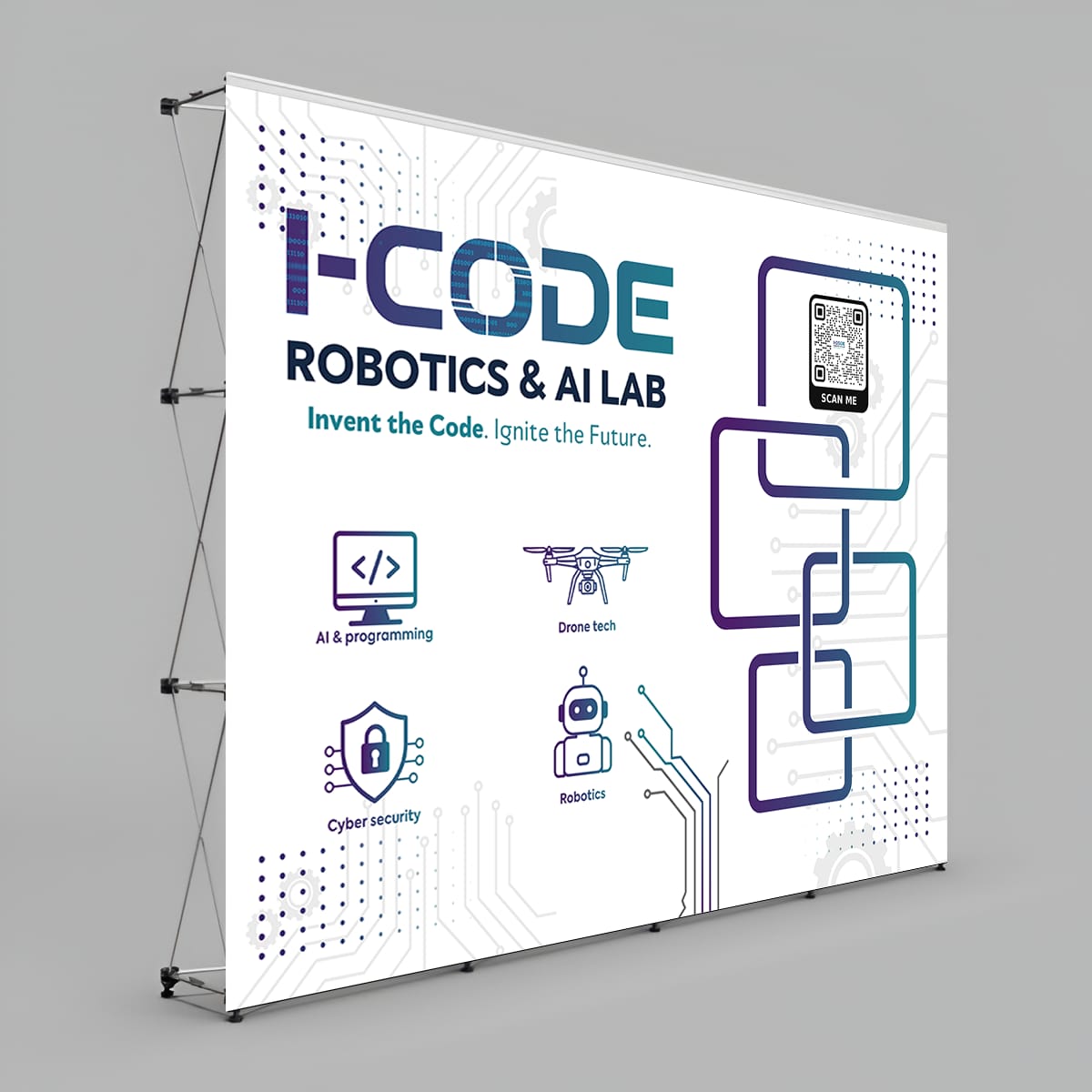 i-CODE Robotics & AI Lab exhibition backdrop — all four pillars